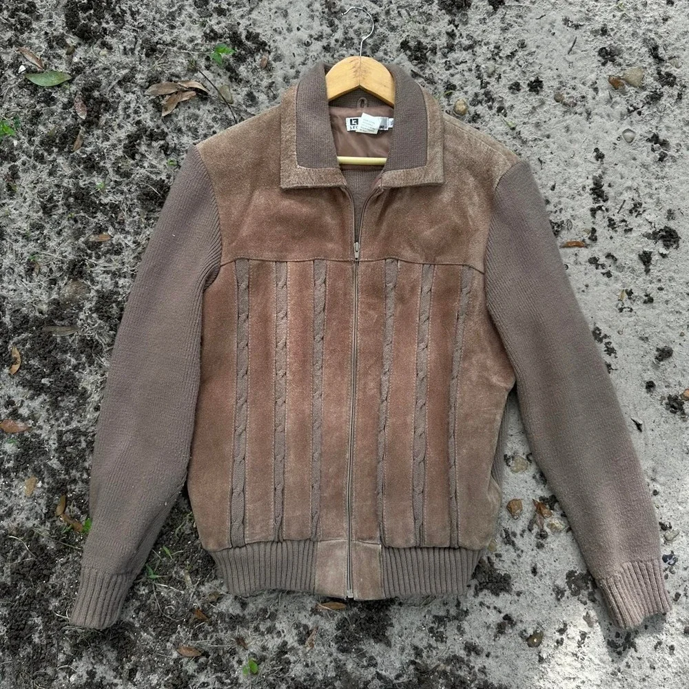 Vintage 90s Leonardo Fini Brown suede knit zip-up jacket Size XL